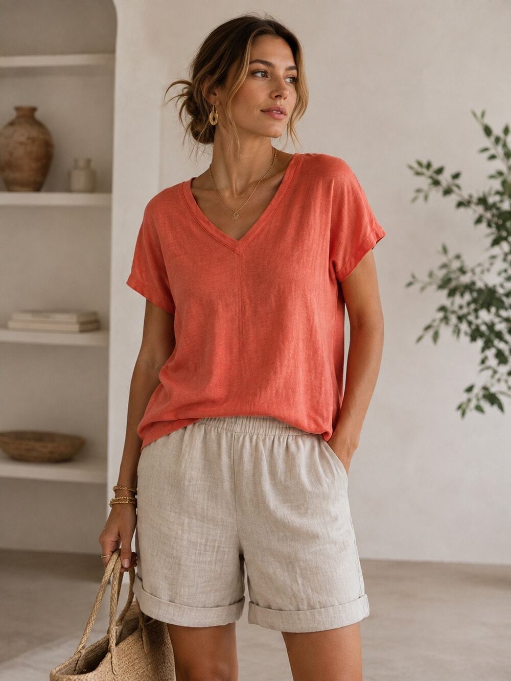 Eileen Fisher Organic Cotton Short Sleeve V-Neck T-Shirt Orange Women's Size XL